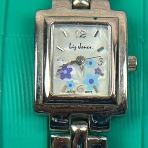 Liz Jones Womens Silver Tone Square Floral Dial Japan Movt Link‎ Bracelet Watch